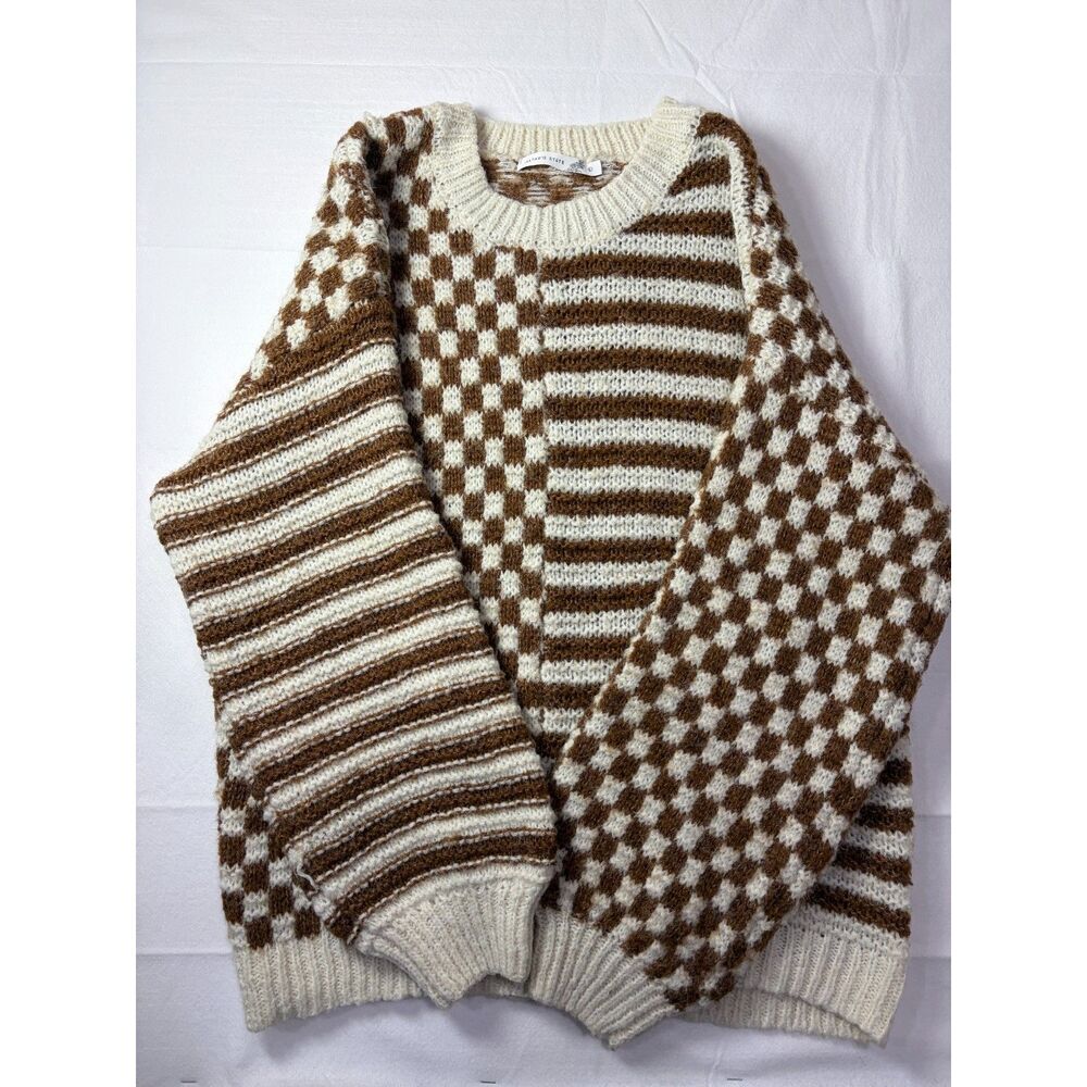Altar'd State Checkered Striped Colorblock Knit Oversized Sweater Brown Large